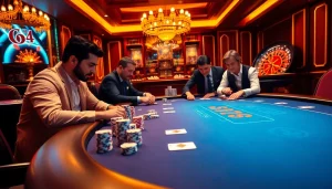 Engaging players strategizing at a poker table with a vibrant new 66 gambling interface.