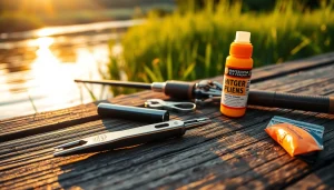 Showcase essential Fly fishing accessories like nippers and floatant arranged on a rustic wooden table.