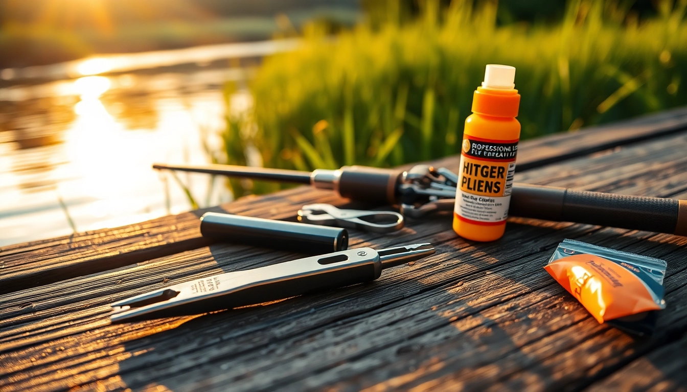 Showcase essential Fly fishing accessories like nippers and floatant arranged on a rustic wooden table.