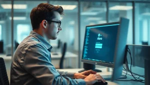 Atera login troubleshooting guide with a technician analyzing a computer screen.