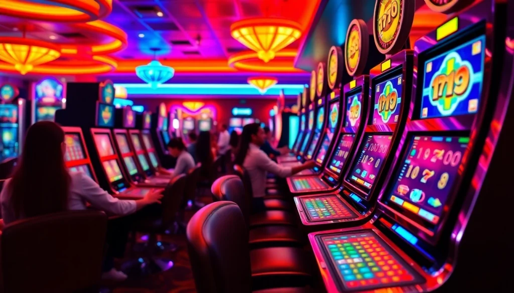 Birutoto players enjoying a thrilling slot machine experience in a vibrant casino setting with bright lights.