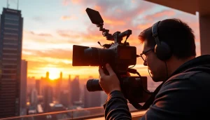 Videographer capturing a sunset over a city skyline with professional equipment.