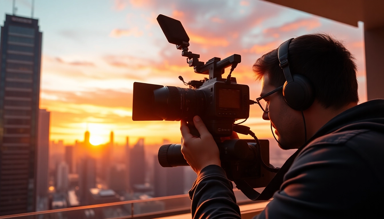 Videographer capturing a sunset over a city skyline with professional equipment.