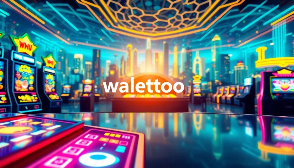 Menggambarkan pengalaman bermain di walettoto dengan mesin slot warna-warni yang berkilau.