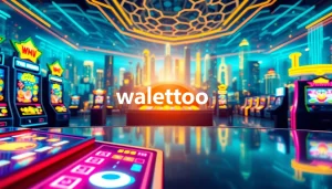 Menggambarkan pengalaman bermain di walettoto dengan mesin slot warna-warni yang berkilau.