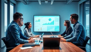 Analyze competitive intelligence data in a collaborative office with team insights and graphs.