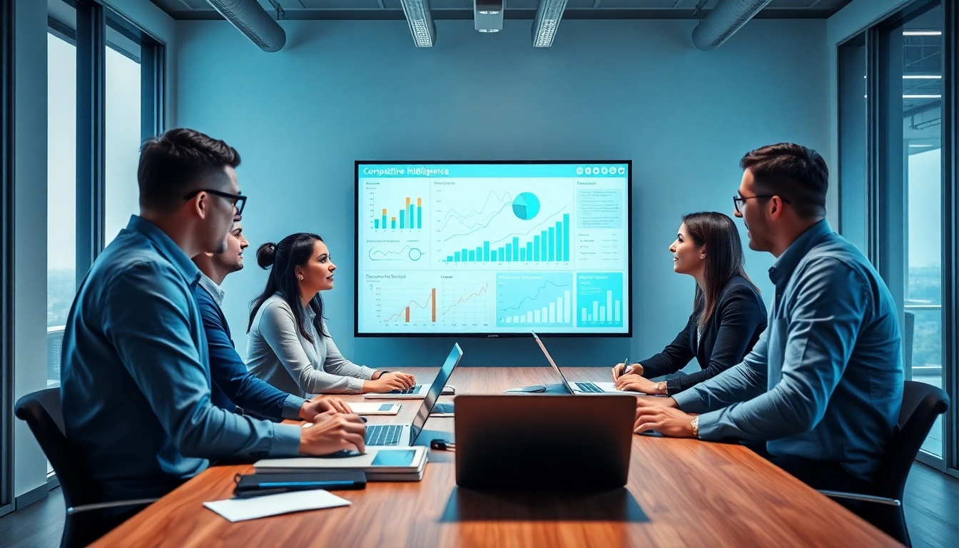 Analyze competitive intelligence data in a collaborative office with team insights and graphs.