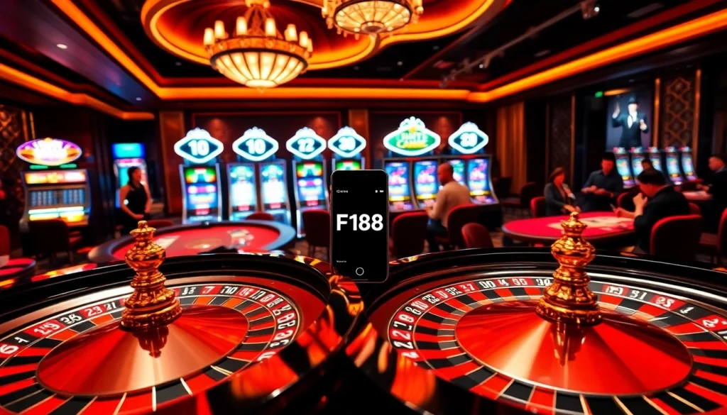 An exciting gaming scene showcasing the F168 link with players at roulette and poker tables.