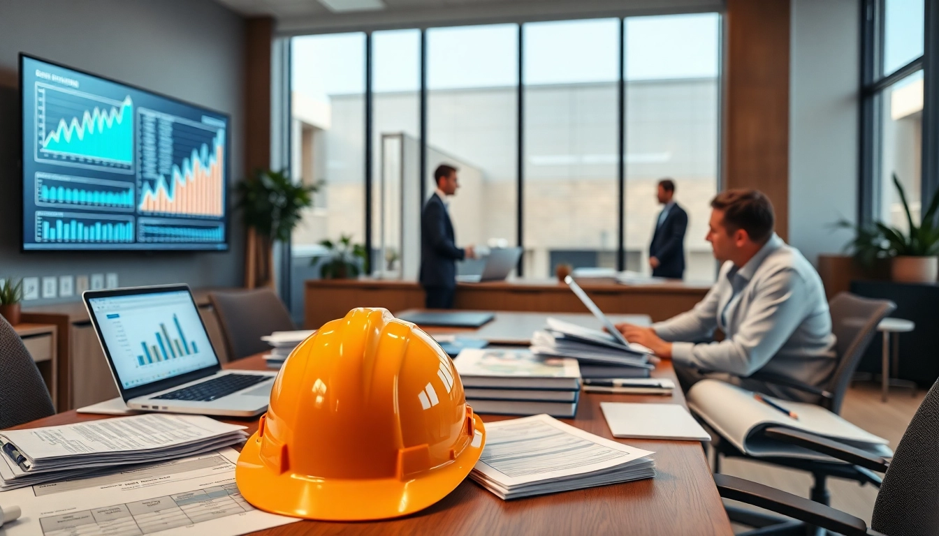 Biuro rachunkowe dla firmy budowlanej w nowoczesnym biurze, w którym profesjonaliści omawiają finanse budowlane.