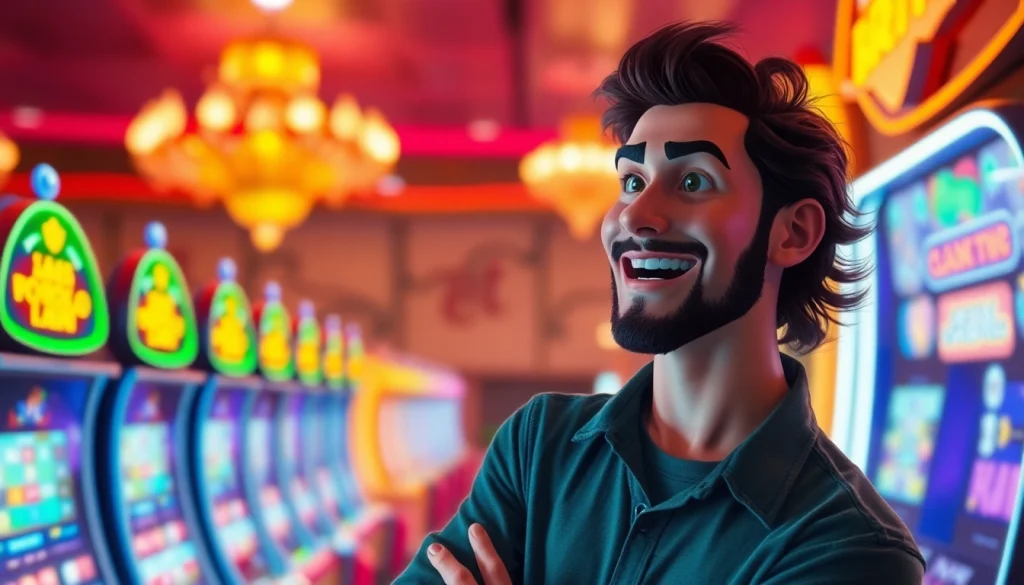 Jogador feliz apostando no cassino ao vivo da Bet dá Sorte, rodeado por máquinas e mesas.