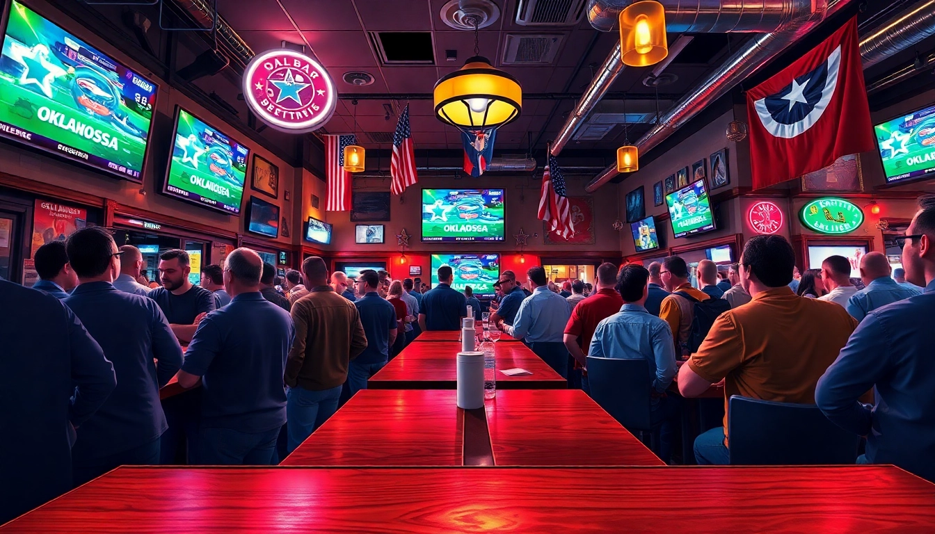 Engaged fans enjoying sports betting Oklahoma in a lively sports bar setting.