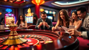 Engaging in high-stakes gaming action at the 여기여 casino with roulette, cards, and vibrant slot machines.