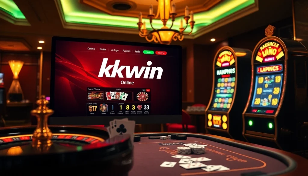 Experience kkwin online gambling with vibrant casino elements like roulette and poker.