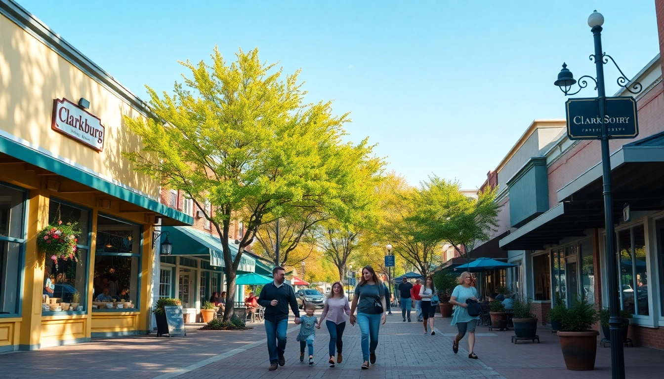 Clarksburg community scene with families enjoying a sunny day in the downtown area.