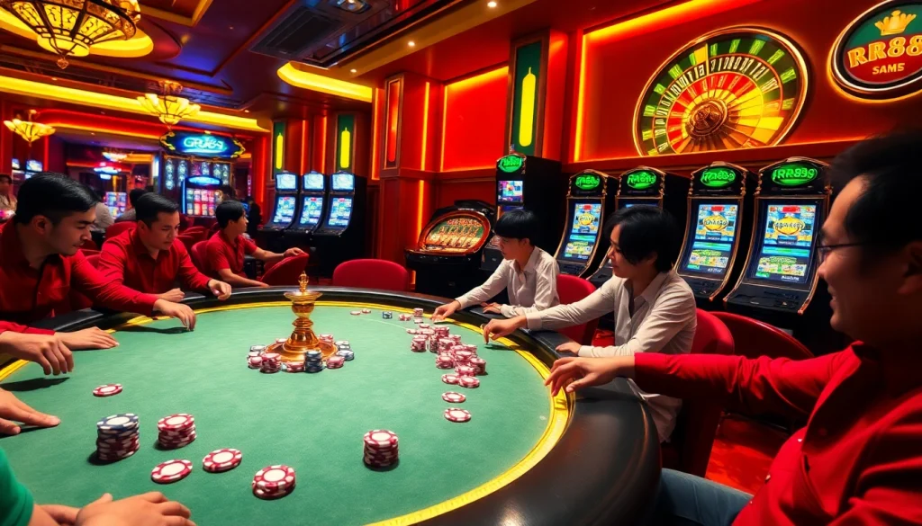 RR88 players enjoying an exciting poker game in a luxurious casino atmosphere.