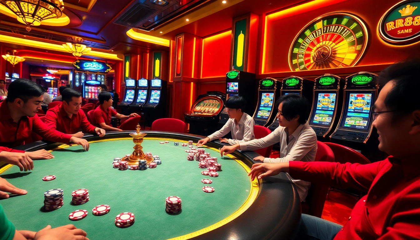RR88 players enjoying an exciting poker game in a luxurious casino atmosphere.