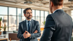Engaging real estate lawyer advising clients in a professional office setting.