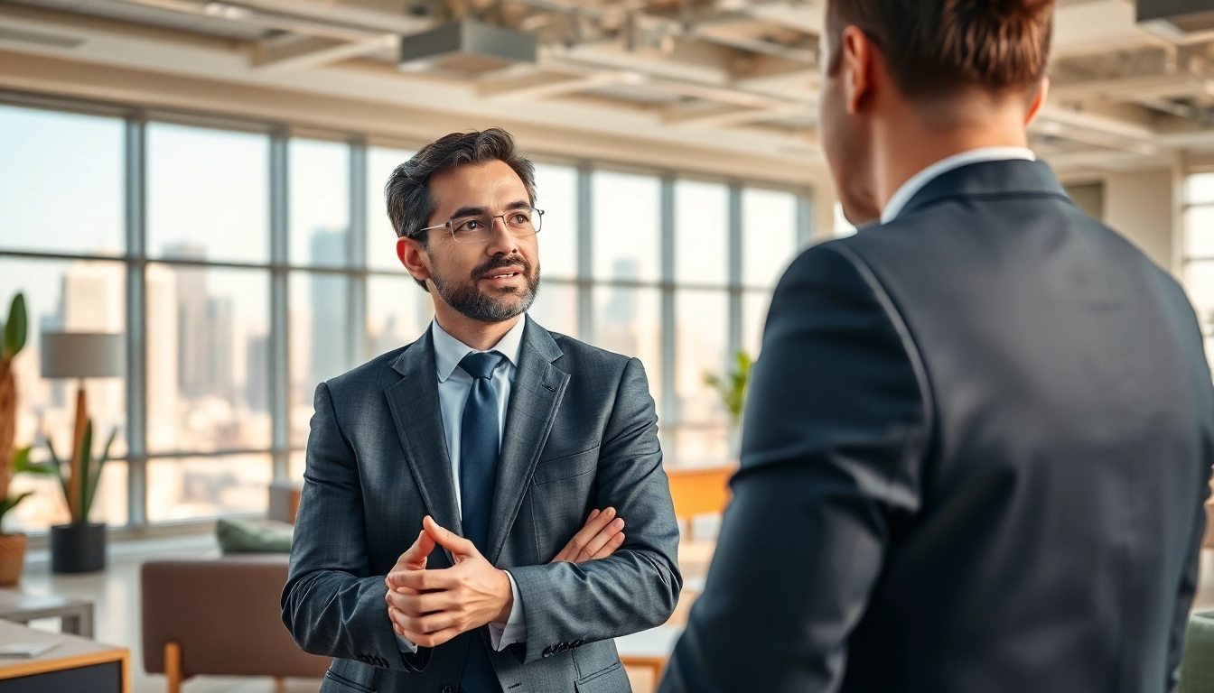 Engaging real estate lawyer advising clients in a professional office setting.