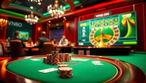 Players enjoying a thrilling game at VN88 online casino with cards and chips.