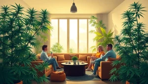 Membres se détendent dans un cannabis club espagne, entouré de plantes luxuriantes.