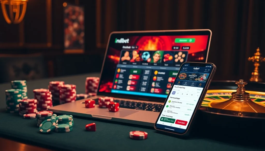 Engage with thrilling casino gameplay on Indibet's online platform, featuring poker chips, roulette, and live betting.