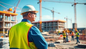 New Jersey Construction Manager supervising a construction site with a dynamic team and machinery.
