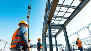 Visual of structural steel installation showcasing skilled workers and steel beams on-site.