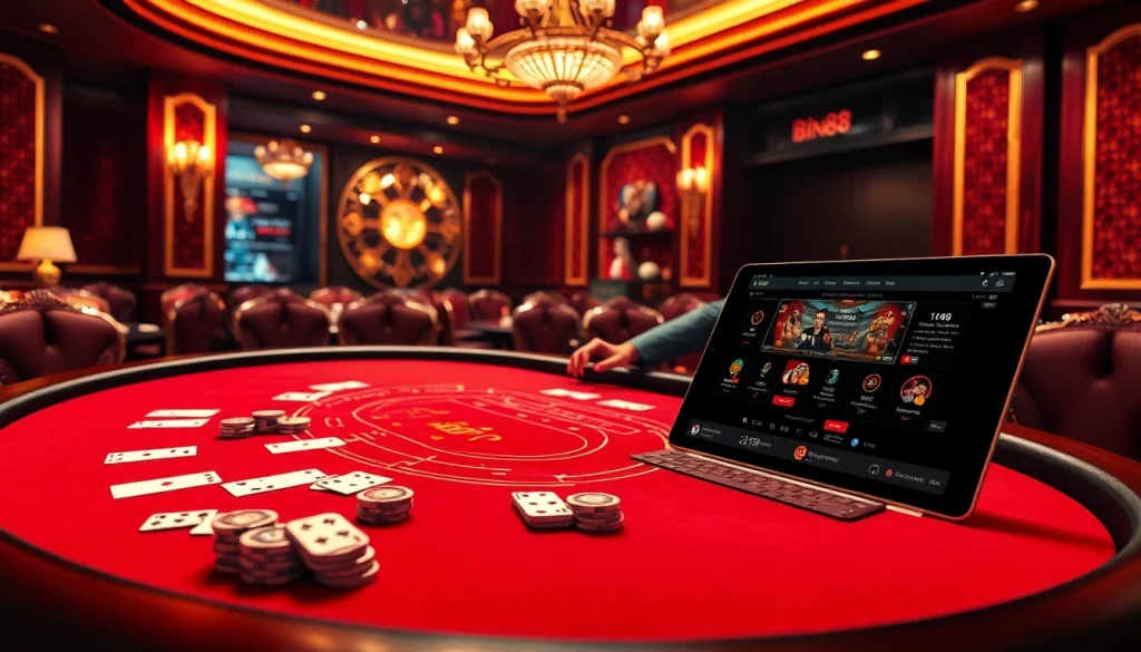 Experience the thrilling world of Bin88 with a luxurious Baccarat table and captivating dealer in a casino setting.