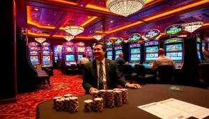 Engaging in a slot bet 100 at a luxurious casino with vibrant machines and excited players.