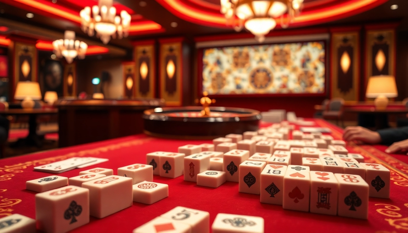 Engage in link mahjong at a luxurious casino table featuring vibrant tiles and players.