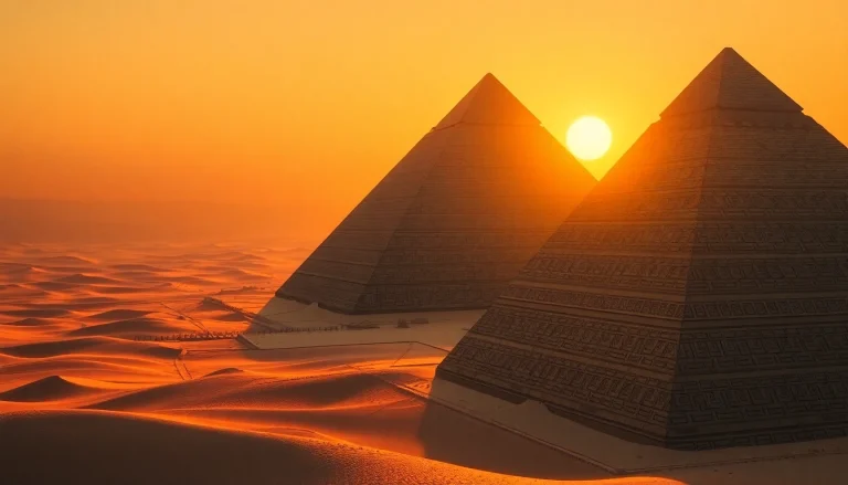 Visitors marvel at the piraminds under a golden sunset glow, emphasizing historical grandeur.