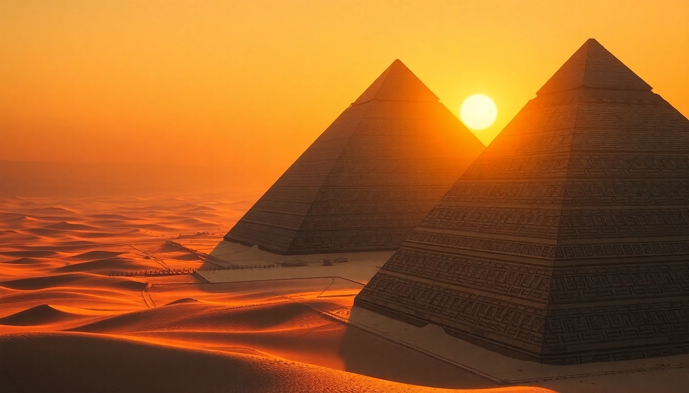 Visitors marvel at the piraminds under a golden sunset glow, emphasizing historical grandeur.