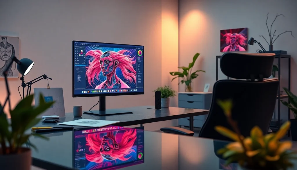 Immersive digital workspace showcasing NSFW AI creations with vibrant color tones.