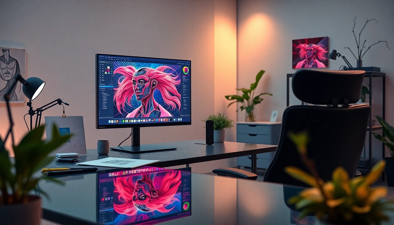 Immersive digital workspace showcasing NSFW AI creations with vibrant color tones.