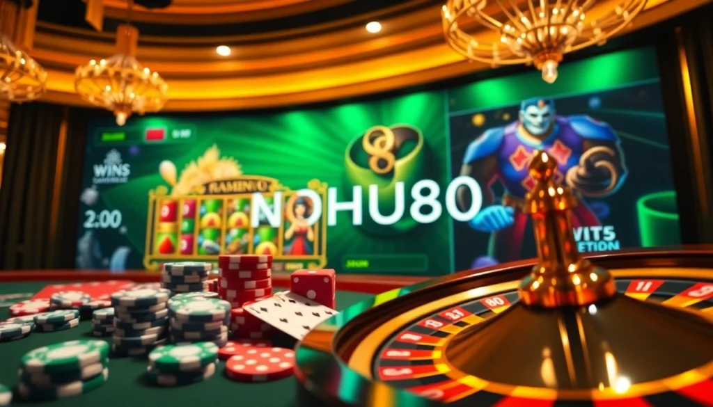 Experience the excitement of NOHU90 through a vibrant casino scene featuring slots and poker.