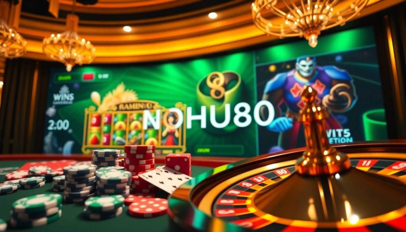 Experience the excitement of NOHU90 through a vibrant casino scene featuring slots and poker.