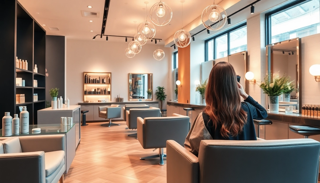 Stylist showcasing vibrant hair color at addendum salon, emphasizing luxurious beauty services.