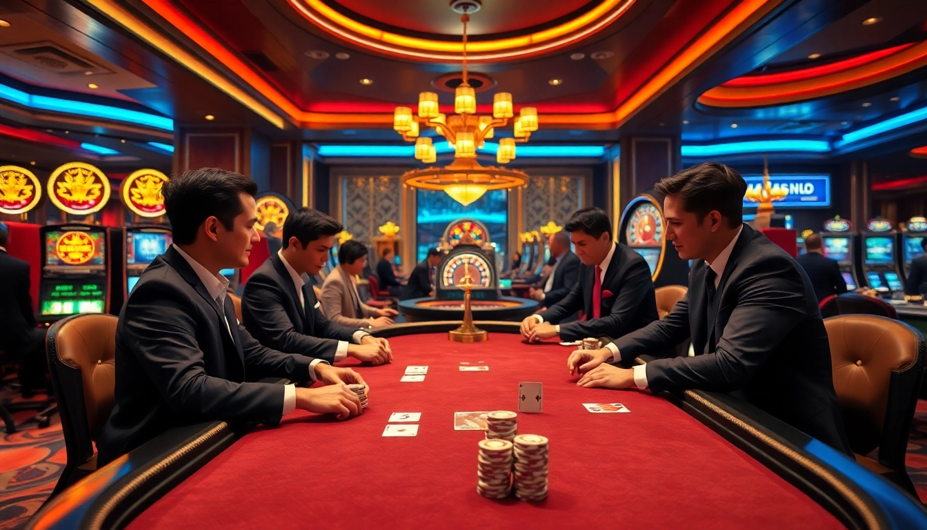 Players strategizing at a poker table showcasing the excitement of nhà cái rr88 in a luxurious casino.