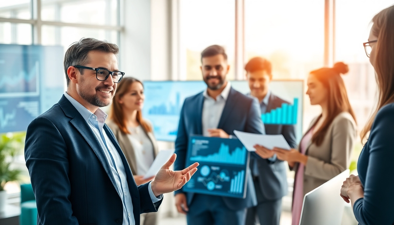 Analyze business growth insights with a diverse team in a bright office setting.