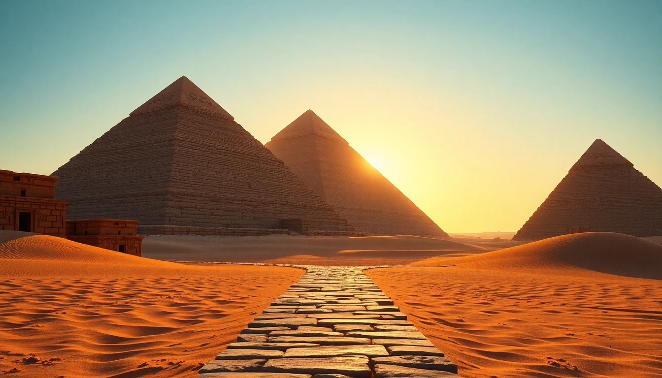 Piraminds towering majestically over the desert landscape, illuminated by a vibrant sunset.