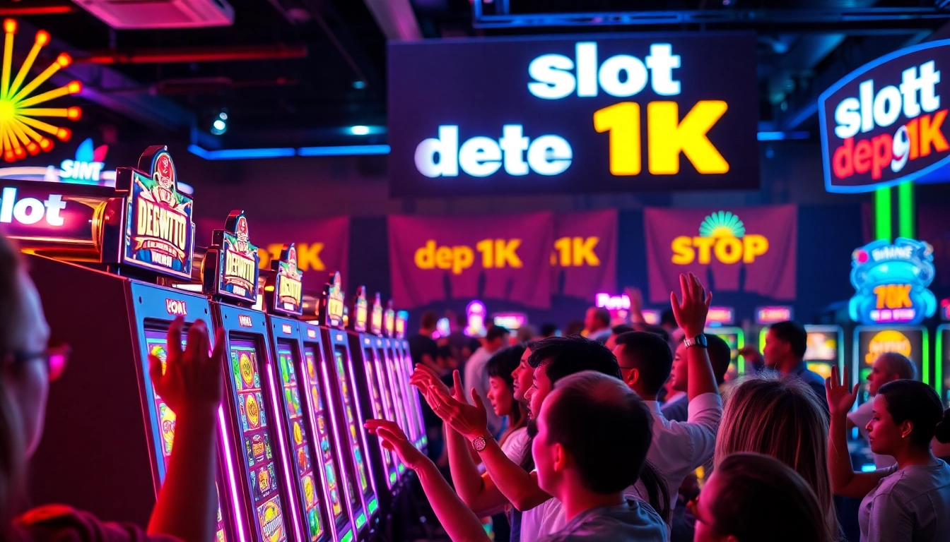 Pemain bersorak-sorai di depan mesin slot depo 1k yang cerah dan penuh warna, menciptakan suasana ceria dan energik.