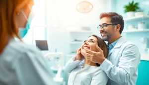 DPEARL 口コミ highlights a dentist demonstrating clear aligners in a modern clinic.