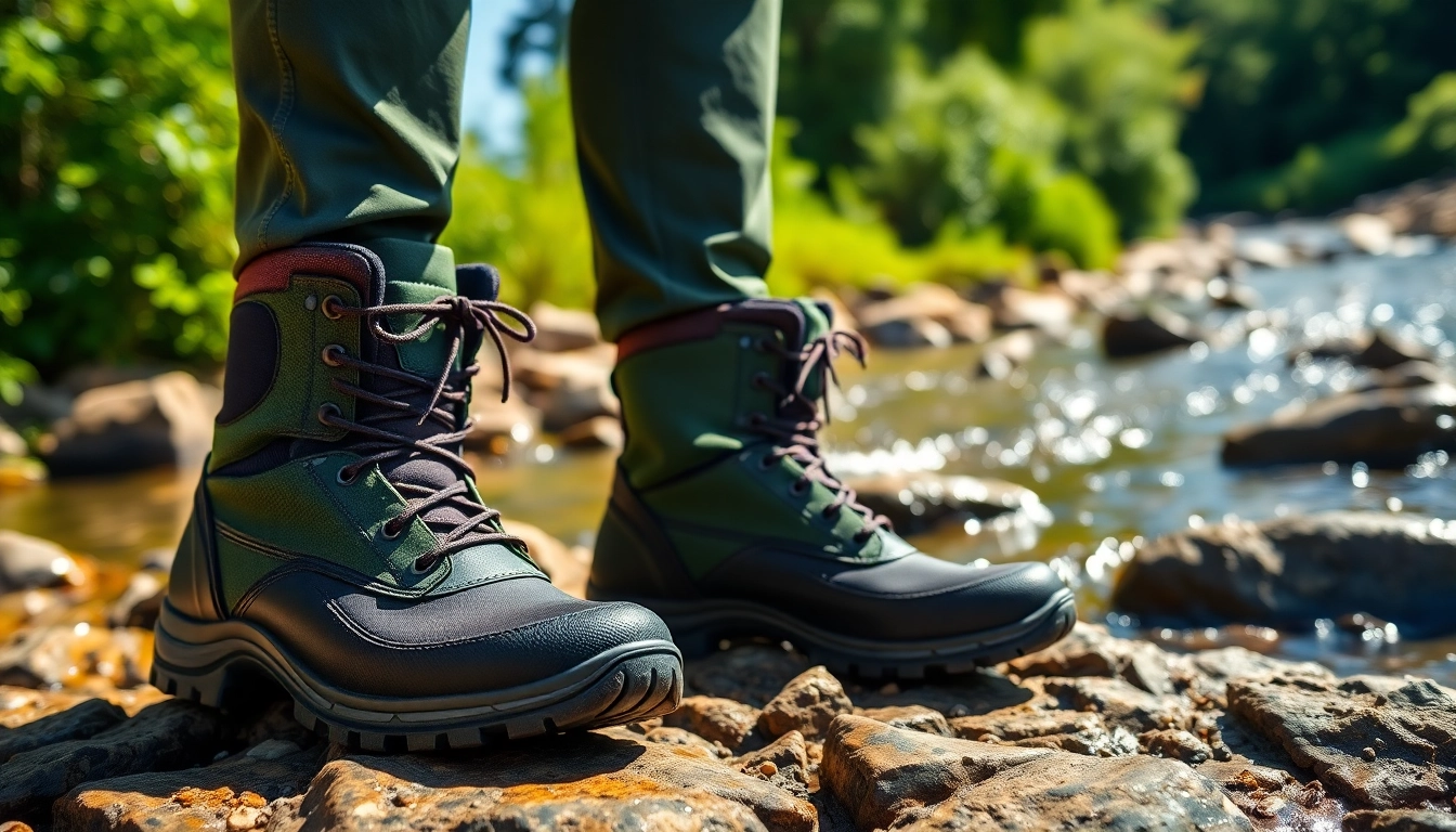 Fly fishing boots on a riverbank showcasing their rugged design and traction for fishing adventures.
