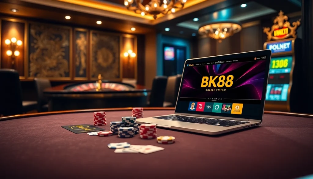 Engaging in high-stakes poker with a vibrant BK8Thai ทางเข้า interface in a luxurious online setting.