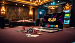 Engaging in high-stakes poker with a vibrant BK8Thai ทางเข้า interface in a luxurious online setting.