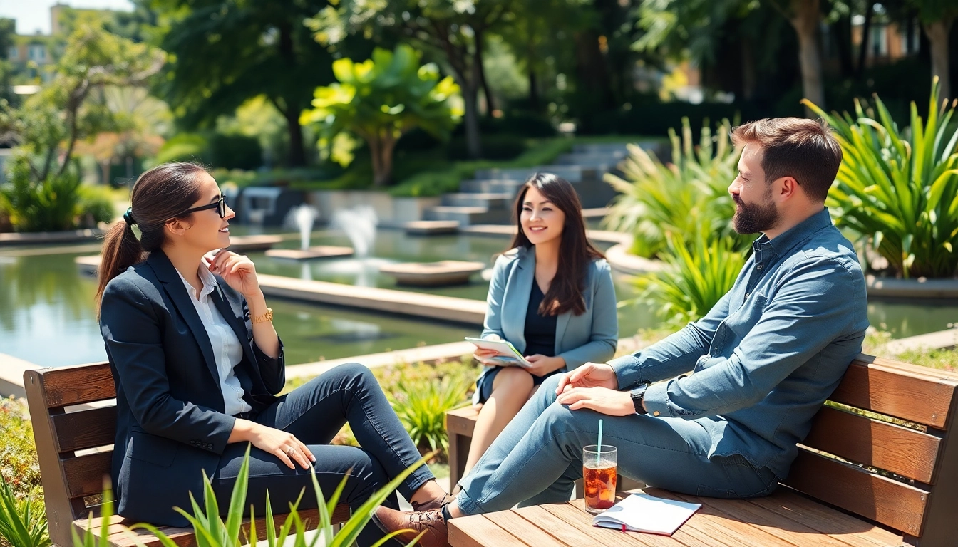 Entrepreneurs break in a peaceful outdoor setting fosters creativity and relaxation.