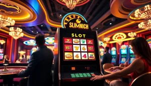 Petaruh yang bersemangat berinteraksi dengan mesin Slot Deposit Pulsa di kasino yang hidup dan mewah.