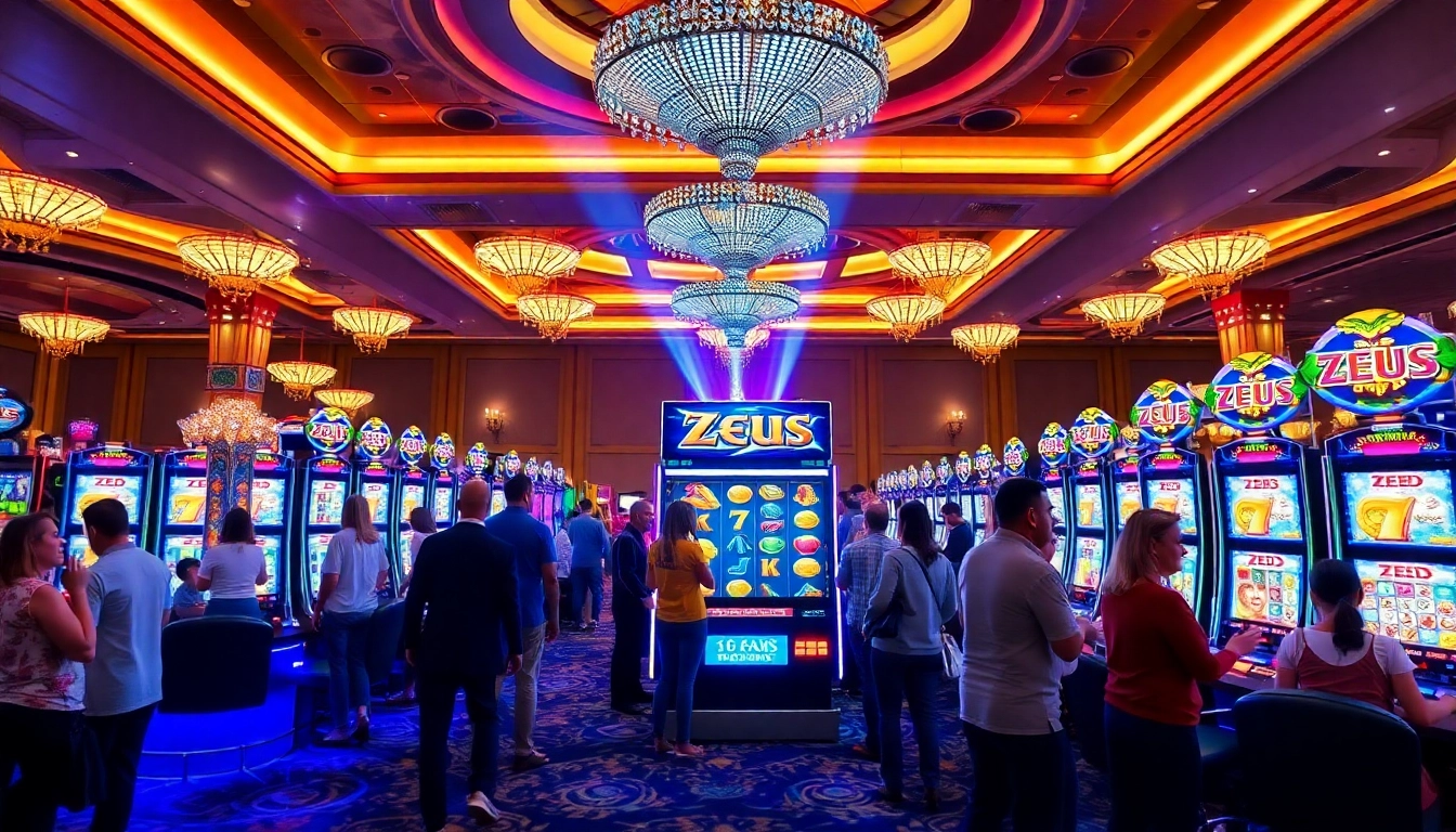 Engage with the thrilling Zeus slot machine amidst vibrant casino action and colorful lights.