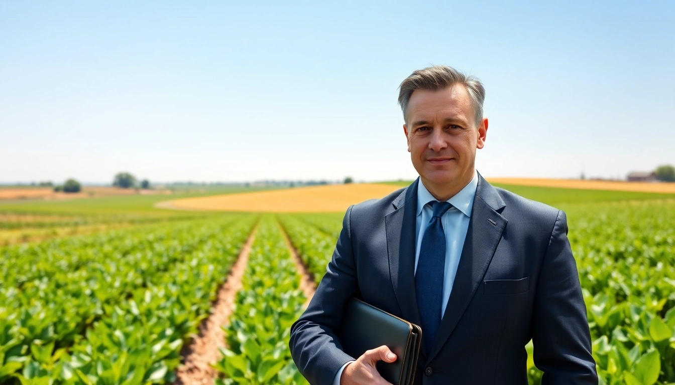 Agriculture lawyer standing in a lush field, symbolizing legal support for farmers.