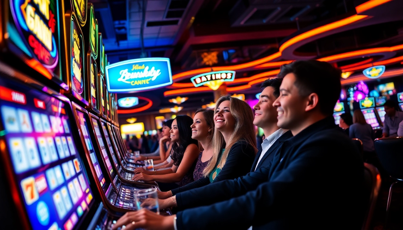 Menampilkan slot deposit 1000 yang menarik dengan mesin slot dan pemain bersemangat.